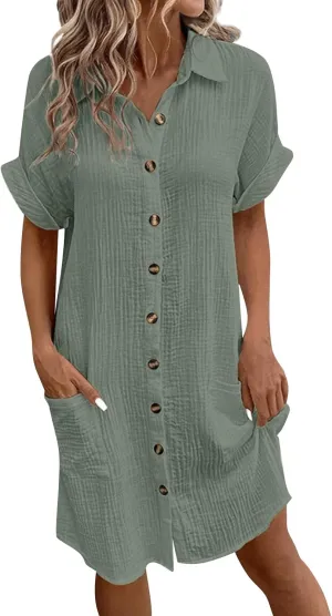 Button Down Gauze Dress for Women Casual Collar V-Neck Midi Linen Dress Loose Fit Short Sleeve Shirt Dress Vacation