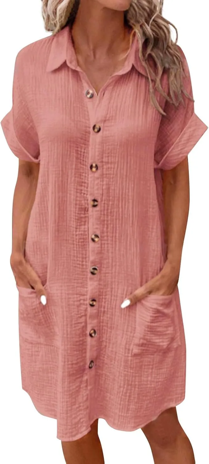 Button Down Gauze Dress for Women Casual Collar V-Neck Midi Linen Dress Loose Fit Short Sleeve Shirt Dress Vacation
