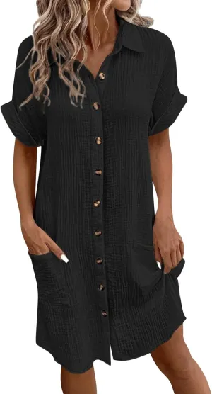 Button Down Gauze Dress for Women Casual Collar V-Neck Midi Linen Dress Loose Fit Short Sleeve Shirt Dress Vacation