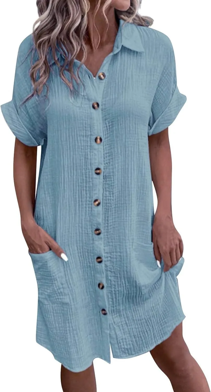 Button Down Gauze Dress for Women Casual Collar V-Neck Midi Linen Dress Loose Fit Short Sleeve Shirt Dress Vacation