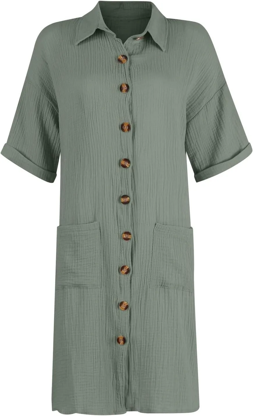 Button Down Gauze Dress for Women Casual Collar V-Neck Midi Linen Dress Loose Fit Short Sleeve Shirt Dress Vacation