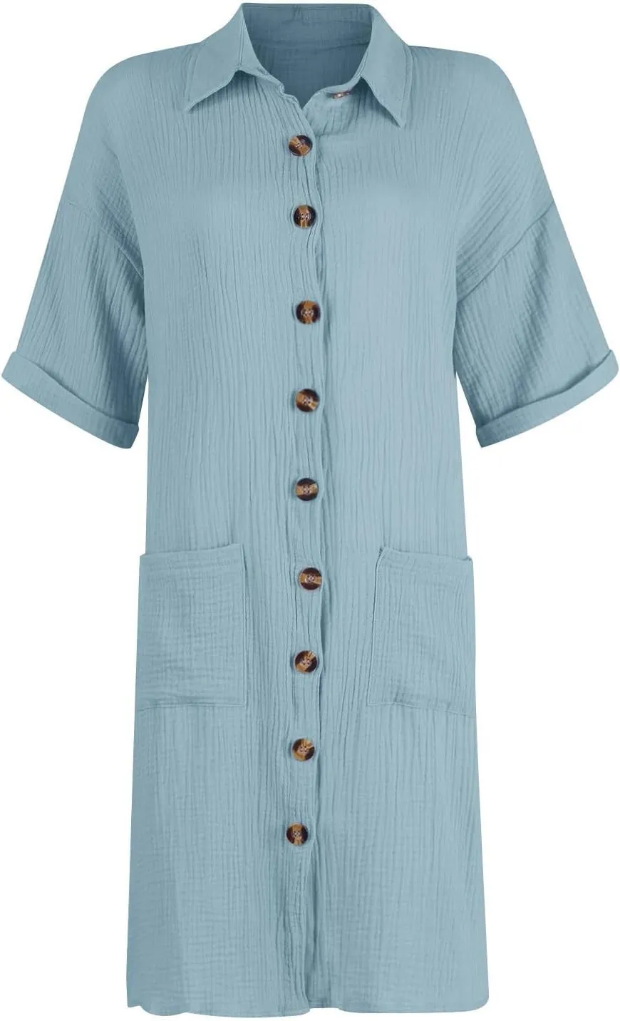 Button Down Gauze Dress for Women Casual Collar V-Neck Midi Linen Dress Loose Fit Short Sleeve Shirt Dress Vacation