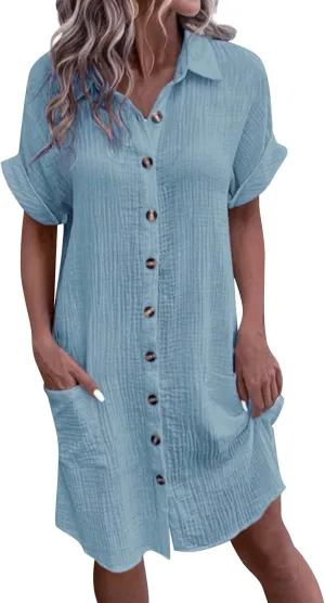 Button Down Gauze Dress for Women Casual Collar V-Neck Midi Linen Dress Loose Fit Short Sleeve Shirt Dress Vacation