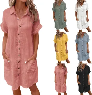Button Down Gauze Dress for Women Casual Collar V-Neck Midi Linen Dress Loose Fit Short Sleeve Shirt Dress Vacation