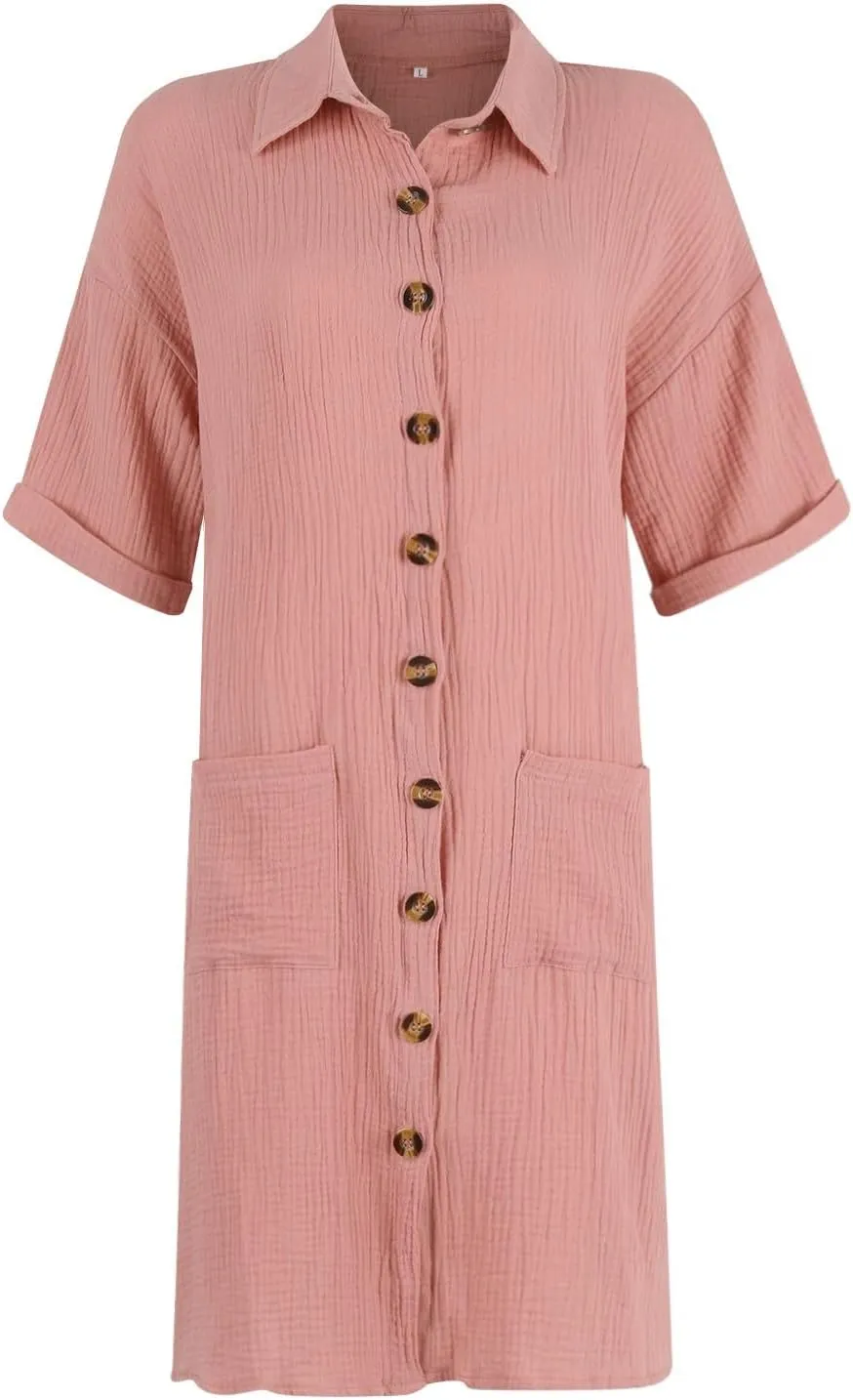 Button Down Gauze Dress for Women Casual Collar V-Neck Midi Linen Dress Loose Fit Short Sleeve Shirt Dress Vacation