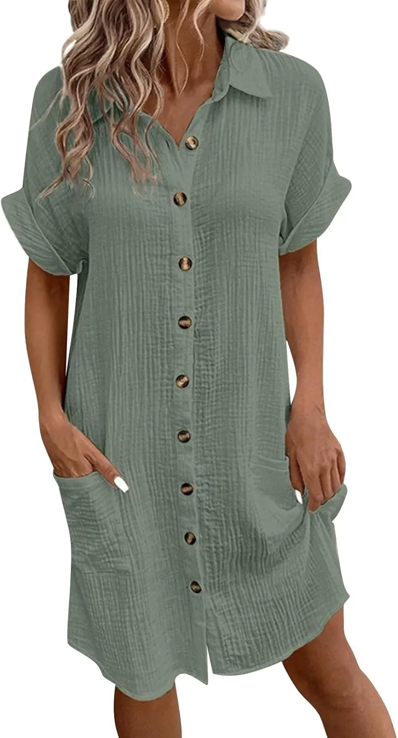 Button Down Gauze Dress for Women Casual Collar V-Neck Midi Linen Dress Loose Fit Short Sleeve Shirt Dress Vacation