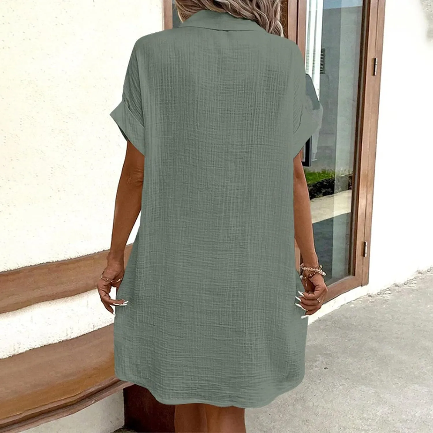 Button Down Gauze Dress for Women Casual Collar V-Neck Midi Linen Dress Loose Fit Short Sleeve Shirt Dress Vacation
