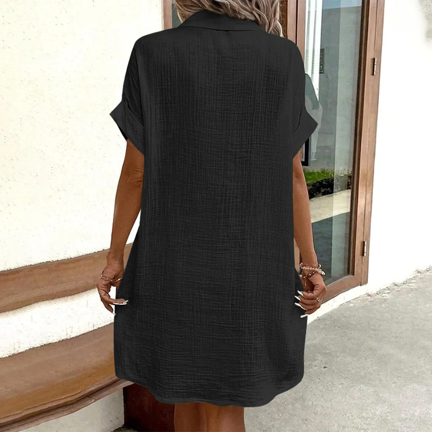 Button Down Gauze Dress for Women Casual Collar V-Neck Midi Linen Dress Loose Fit Short Sleeve Shirt Dress Vacation