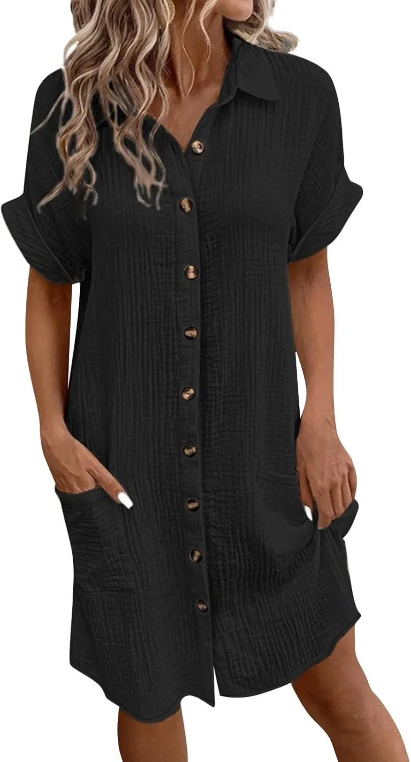 Button Down Gauze Dress for Women Casual Collar V-Neck Midi Linen Dress Loose Fit Short Sleeve Shirt Dress Vacation