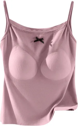 Camisole Top for Women Cute Lace Bow Spaghetti Strap Cami Tops with Built-In Bra Casual Comfort Basic Underwear Soft