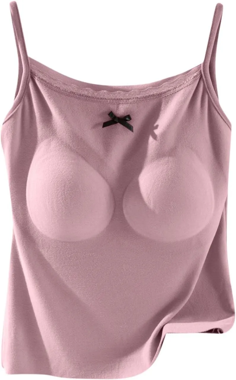 Camisole Top for Women Cute Lace Bow Spaghetti Strap Cami Tops with Built-In Bra Casual Comfort Basic Underwear Soft
