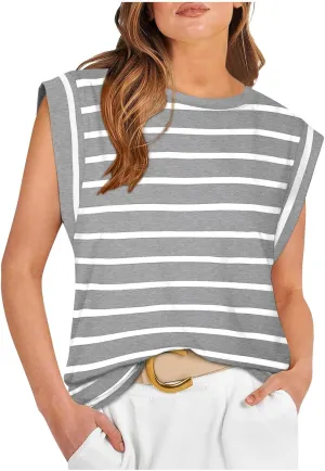Cap Sleeve Tops for Women Summer Top Basic Tee Shirts Sleeveless Striped Casual Tank Loose Fit 2024 Fashion Clothes