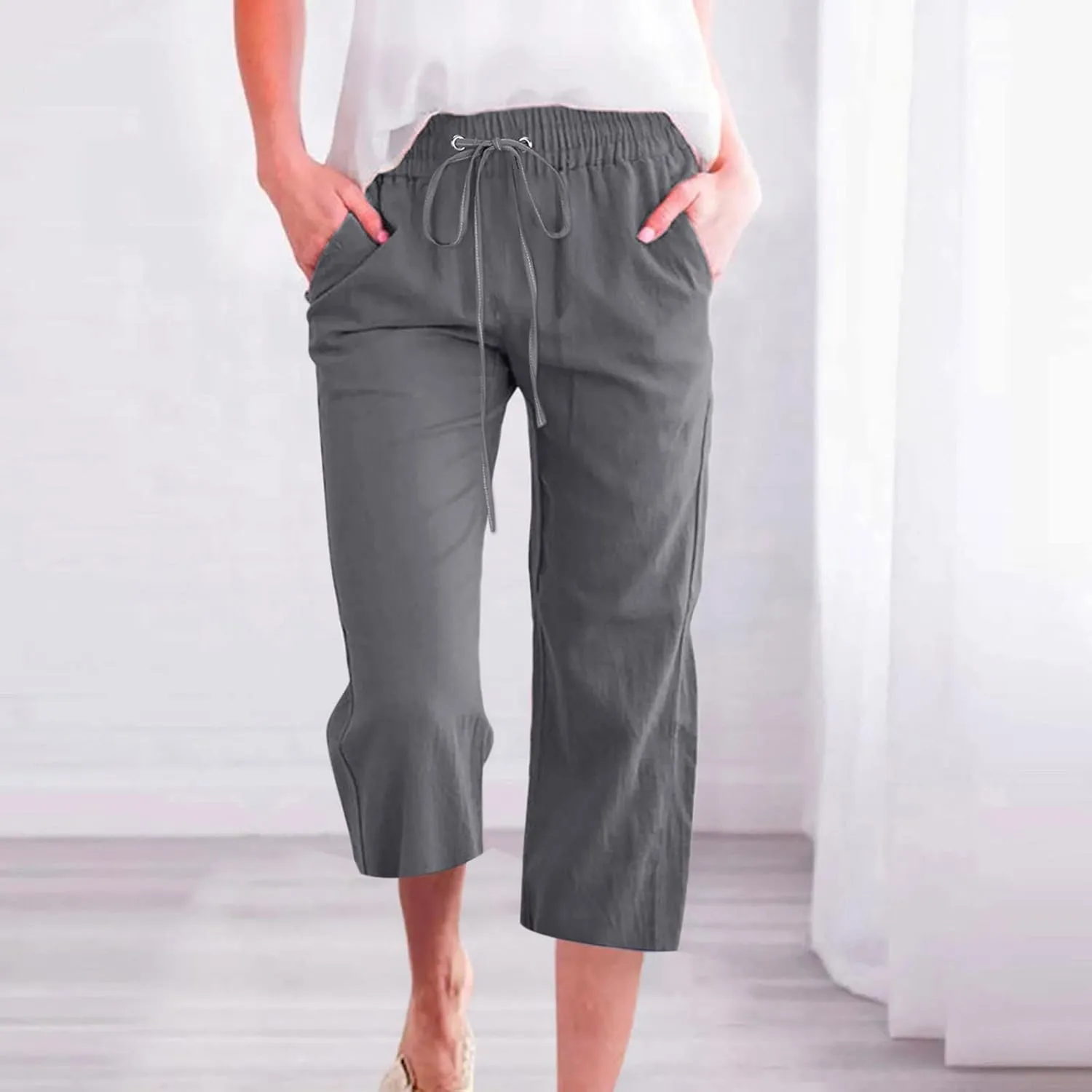 Capri Pants Women Casual Summer Fall Fashion Drawstring Elastic Waist Linen Pant Straight Wide Leg Cropped Trouser