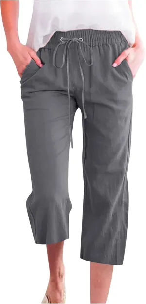 Capri Pants Women Casual Summer Fall Fashion Drawstring Elastic Waist Linen Pant Straight Wide Leg Cropped Trouser
