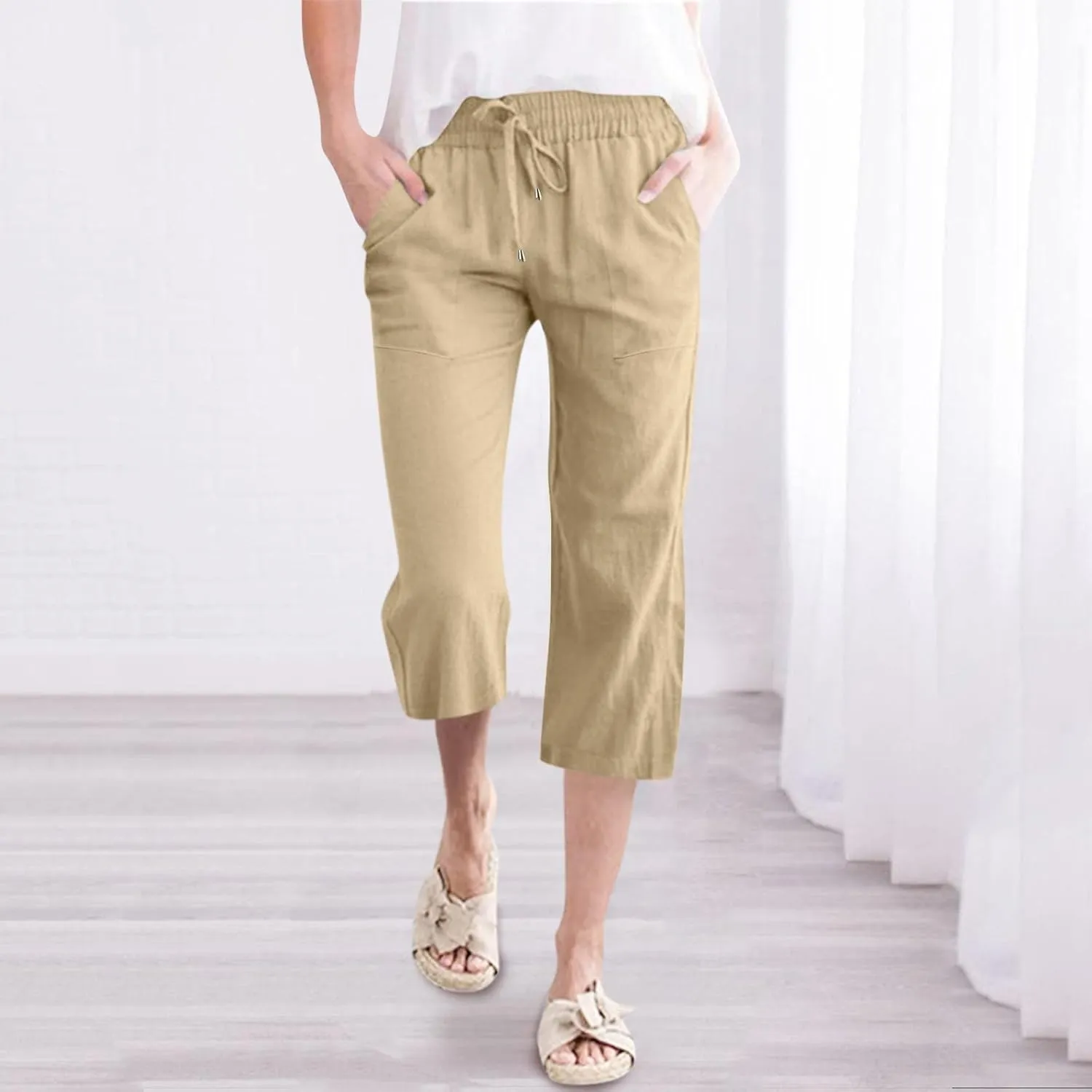 Capris Pants for Women Casual Summer 2025 Cotton Linen Palazzo Drawstring High Waist Wide Leg Cropped Trouser