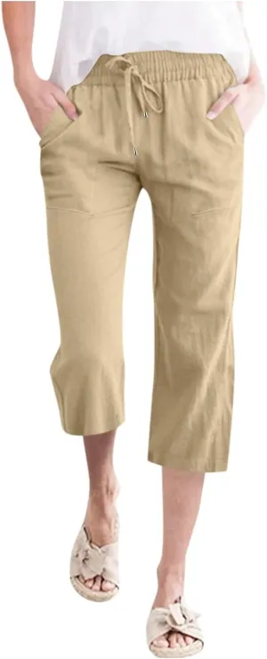 Capris Pants for Women Casual Summer 2025 Cotton Linen Palazzo Drawstring High Waist Wide Leg Cropped Trouser