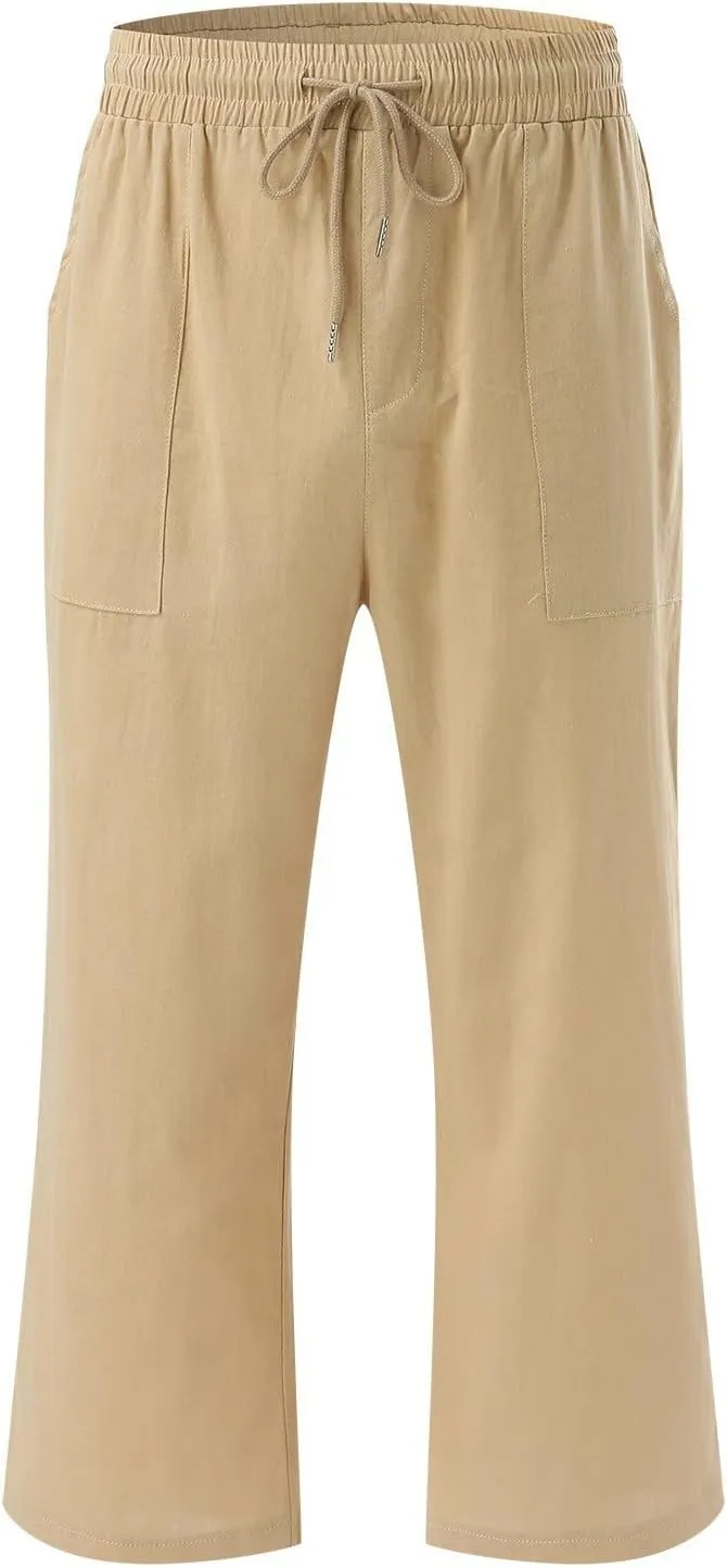 Capris Pants for Women Casual Summer 2025 Cotton Linen Palazzo Drawstring High Waist Wide Leg Cropped Trouser