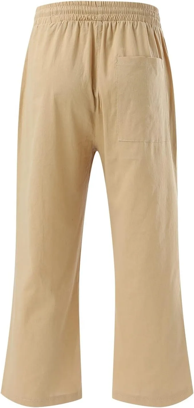 Capris Pants for Women Casual Summer 2025 Cotton Linen Palazzo Drawstring High Waist Wide Leg Cropped Trouser