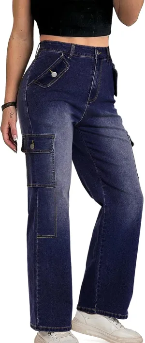 Cargo Jeans for Women High Waisted Casual Wide Leg Jeans Baggy Stretchy Y2K Streetwear with 6 Pockets