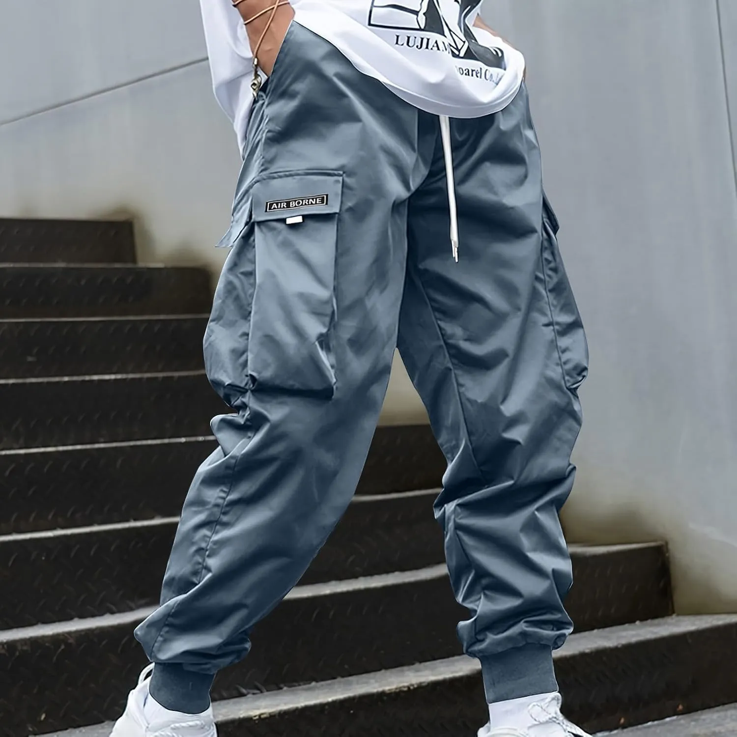 Cargo Joggers Men Lightweight Ankle Cuff Baggy Sweatpants Drawstring Elastic Waist Athletic Pants with Pockets