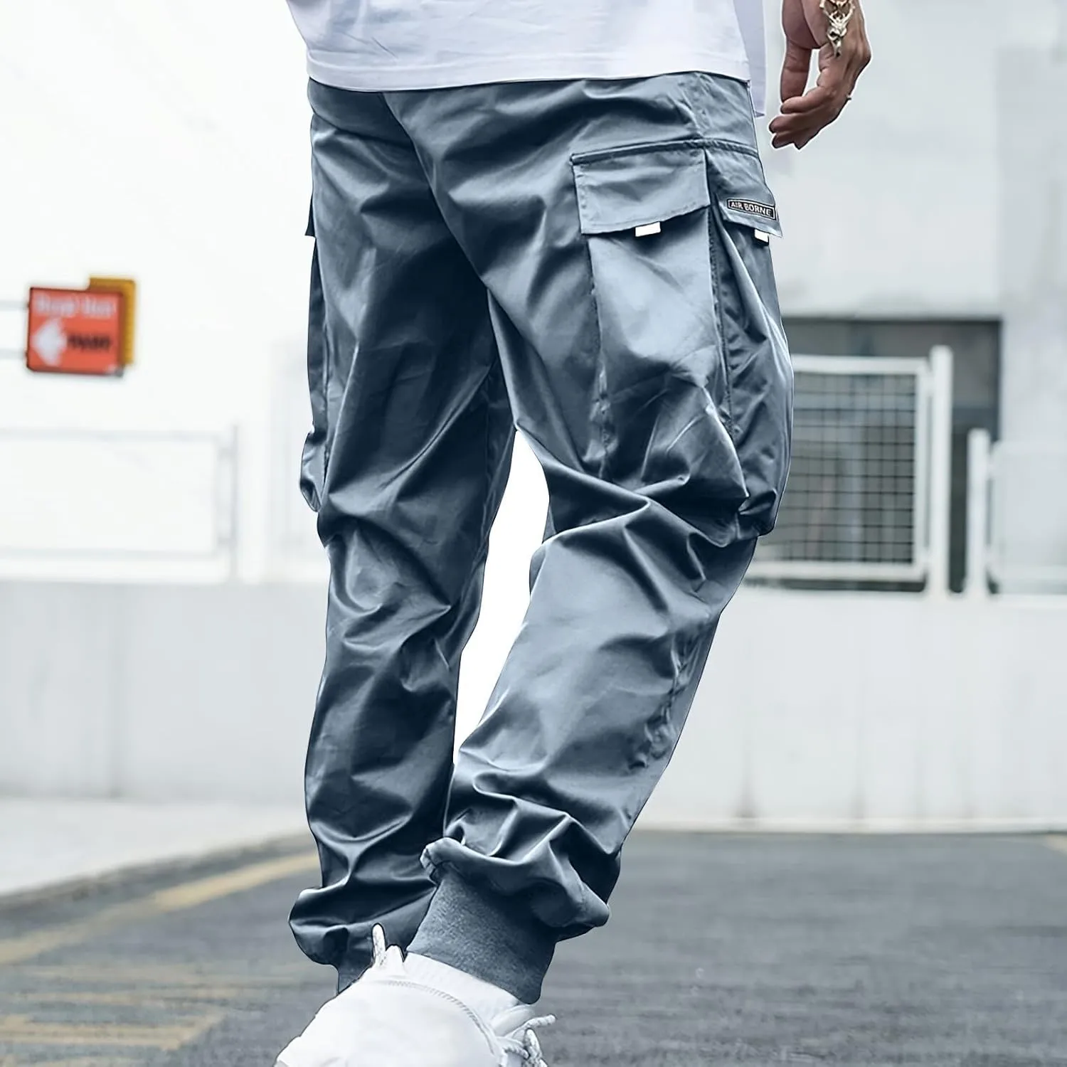 Cargo Joggers Men Lightweight Ankle Cuff Baggy Sweatpants Drawstring Elastic Waist Athletic Pants with Pockets