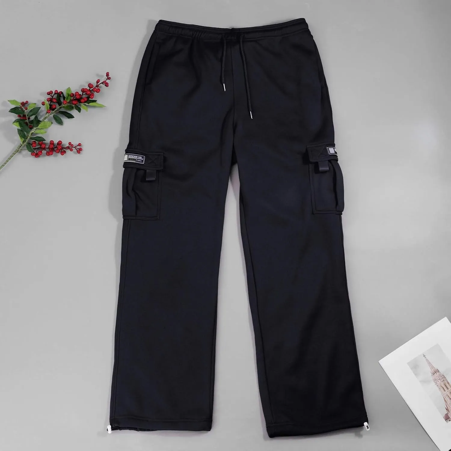 Casual Cargo Sweatpants for Men Plus Size Drawstring Waist Open Bottom Sweatpants Baggy Lounge Pants with Pockets