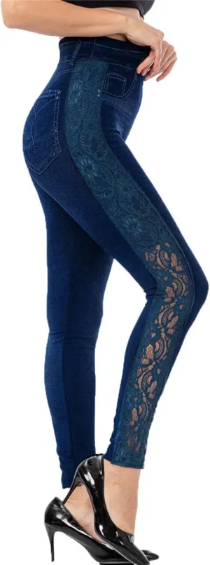 Casual Leggings for Women Simulation Jeans High Waist Printed Lace Hollow Tummy Control Butt Lifting Pants Workout Compression Athletic Funny Causal Fitness Stretch Patterned two sets pants L21-Blue