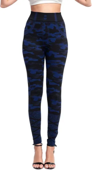 Casual Leggings for Women Simulation Jeans High Waist Printed Tummy Control Butt Lifting Pants Causal Elastic Waist Fitness Compression Athletic size two business Camouflage Camo M61-Blue