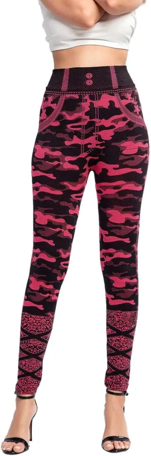 Casual Leggings for Women Simulation Jeans High Waist Printed Tummy Control Butt Lifting Pants Causal Elastic Waist Fitness Compression Athletic size two business Camouflage Camo M64-Red