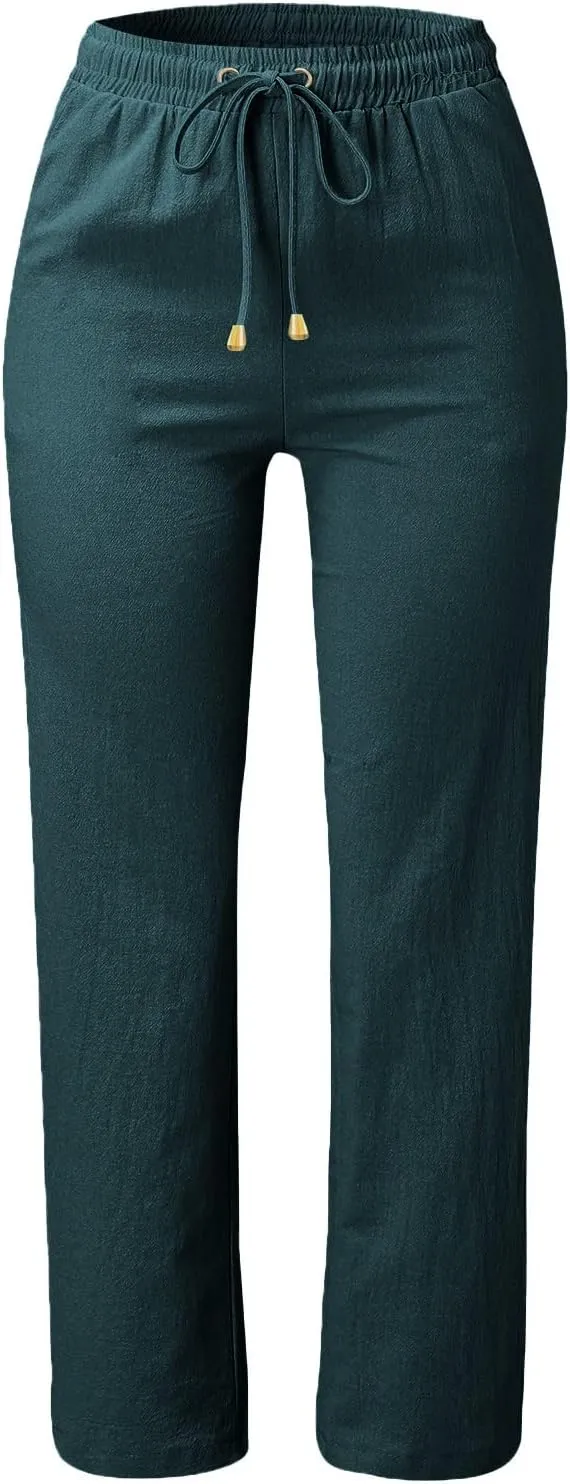 Casual Linen Pants for Women Lightweight Summer Relaxed Fit Elastic Waist Pant Plus Size Solid Lounge Long Trousers