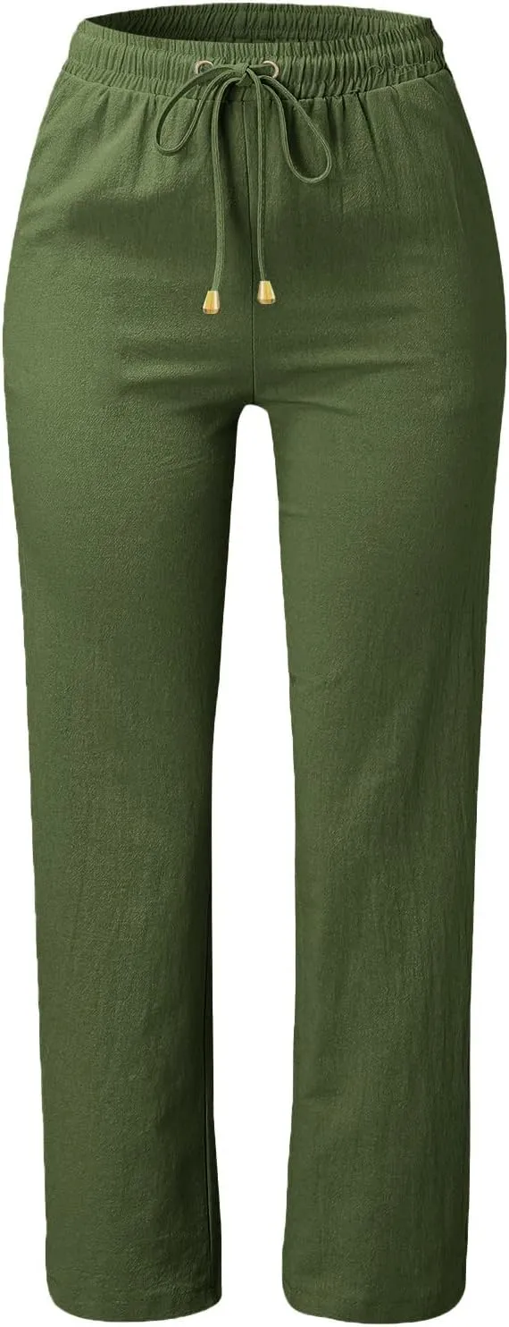 Casual Linen Pants for Women Lightweight Summer Relaxed Fit Elastic Waist Pant Plus Size Solid Lounge Long Trousers