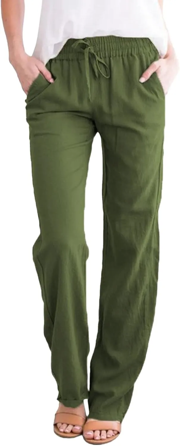 Casual Linen Pants for Women Lightweight Summer Relaxed Fit Elastic Waist Pant Plus Size Solid Lounge Long Trousers