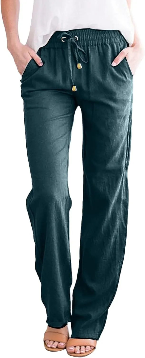 Casual Linen Pants for Women Lightweight Summer Relaxed Fit Elastic Waist Pant Plus Size Solid Lounge Long Trousers