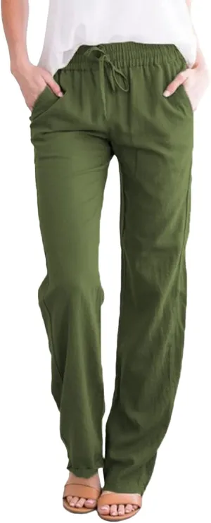 Casual Linen Pants for Women Lightweight Summer Relaxed Fit Elastic Waist Pant Plus Size Solid Lounge Long Trousers