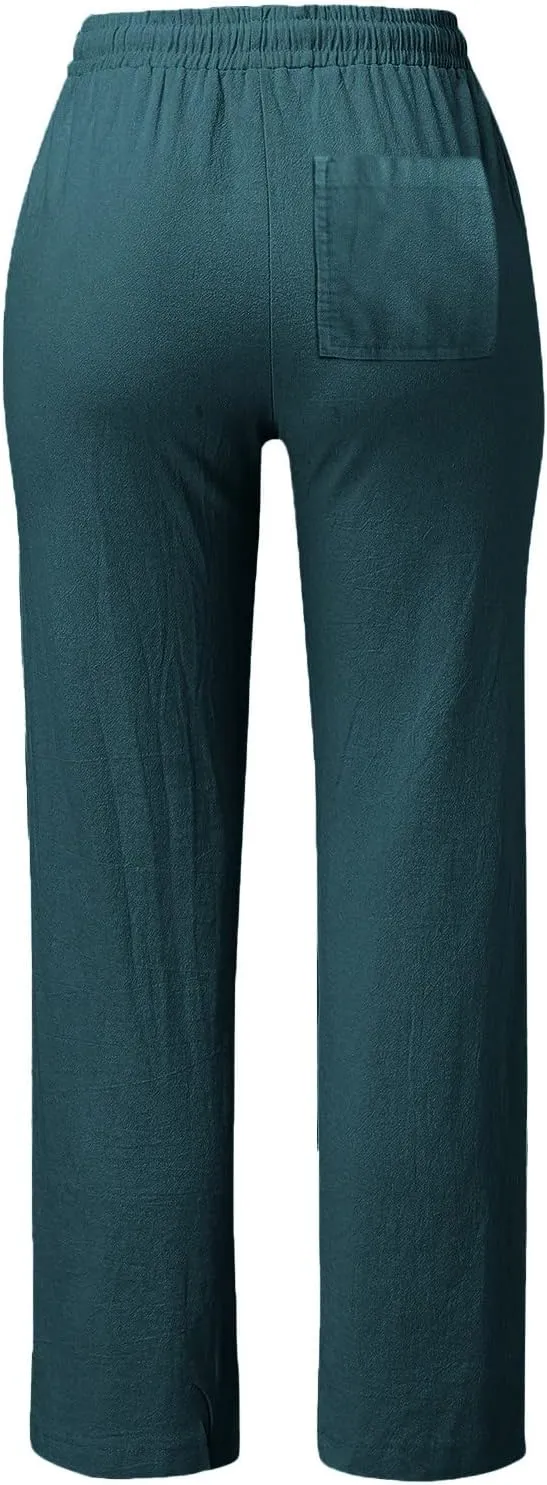 Casual Linen Pants for Women Lightweight Summer Relaxed Fit Elastic Waist Pant Plus Size Solid Lounge Long Trousers