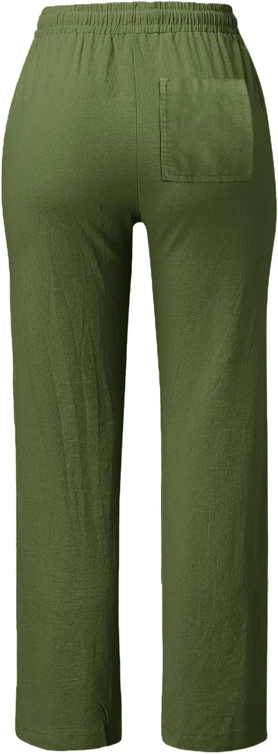Casual Linen Pants for Women Lightweight Summer Relaxed Fit Elastic Waist Pant Plus Size Solid Lounge Long Trousers