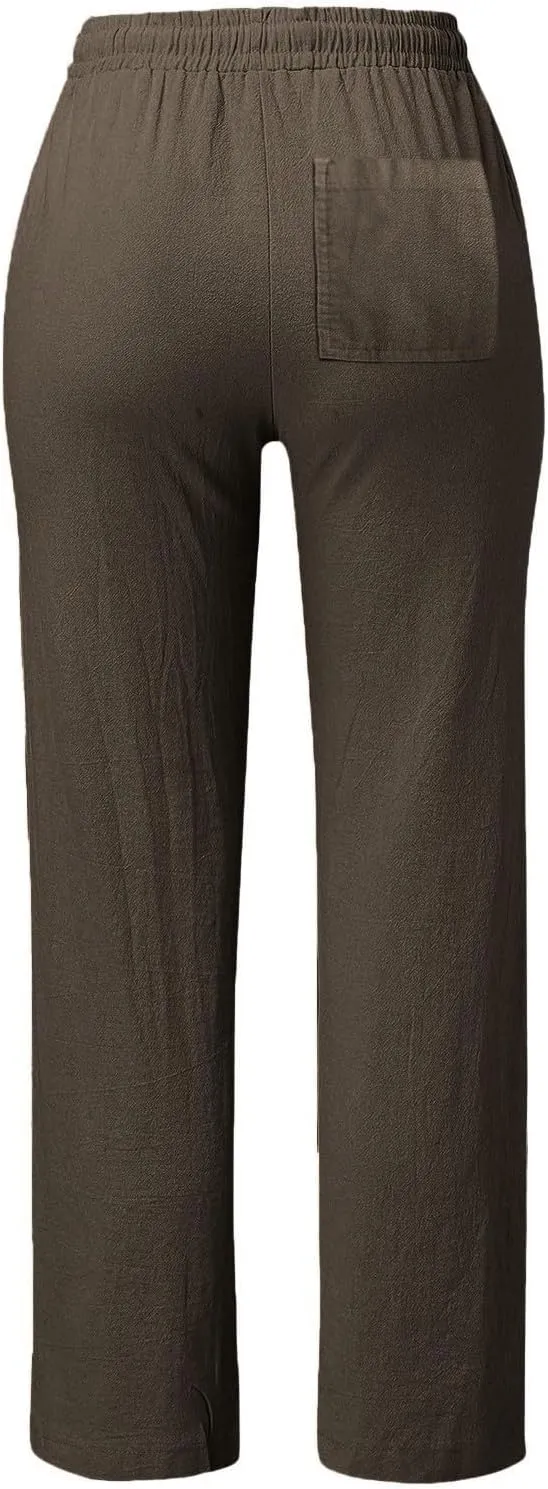 Casual Linen Pants for Women Lightweight Summer Relaxed Fit Elastic Waist Pant Plus Size Solid Lounge Long Trousers