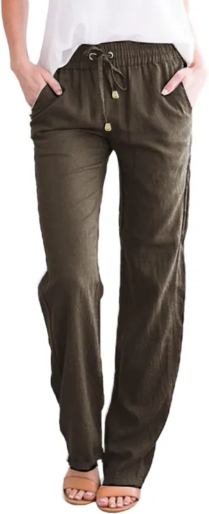 Casual Linen Pants for Women Lightweight Summer Relaxed Fit Elastic Waist Pant Plus Size Solid Lounge Long Trousers