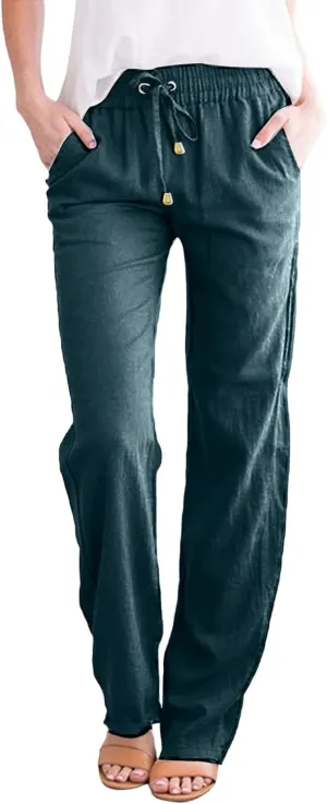 Casual Linen Pants for Women Lightweight Summer Relaxed Fit Elastic Waist Pant Plus Size Solid Lounge Long Trousers