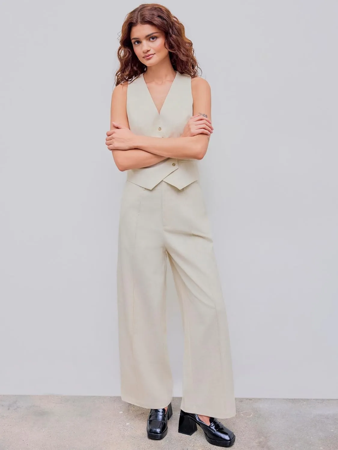 CIDER Linen-Blend High Rise Solid Pocket Wide Leg Trousers