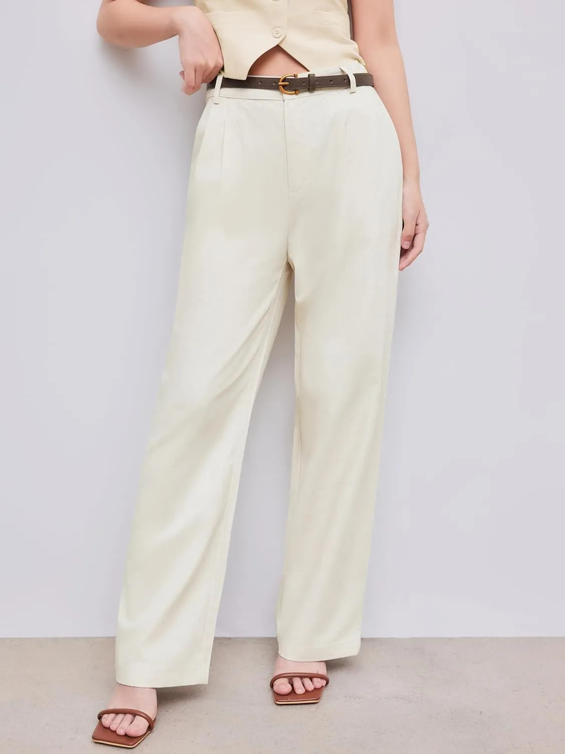 CIDER Solid Linen Blend Belted Wide Leg Pants