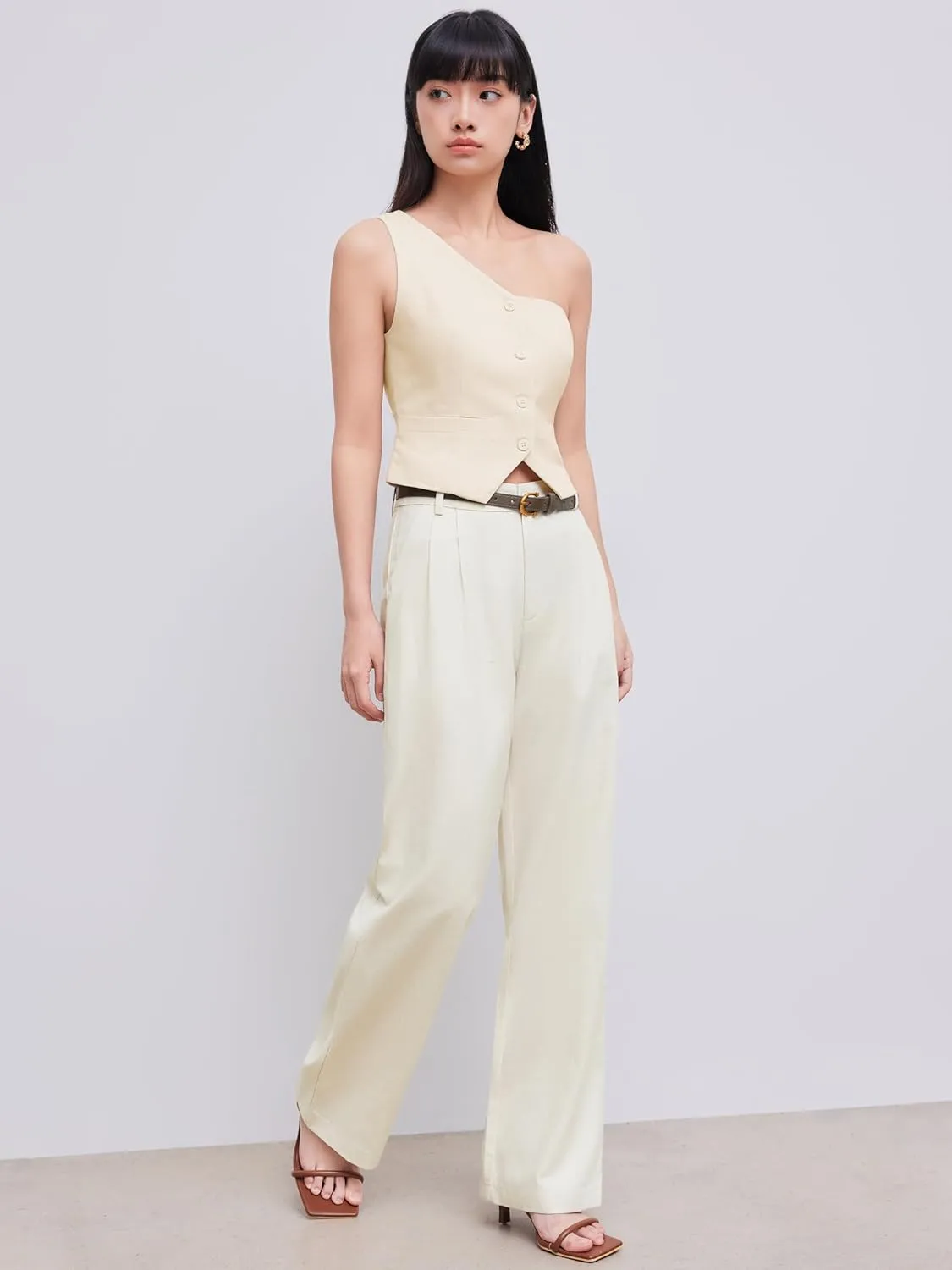 CIDER Solid Linen Blend Belted Wide Leg Pants
