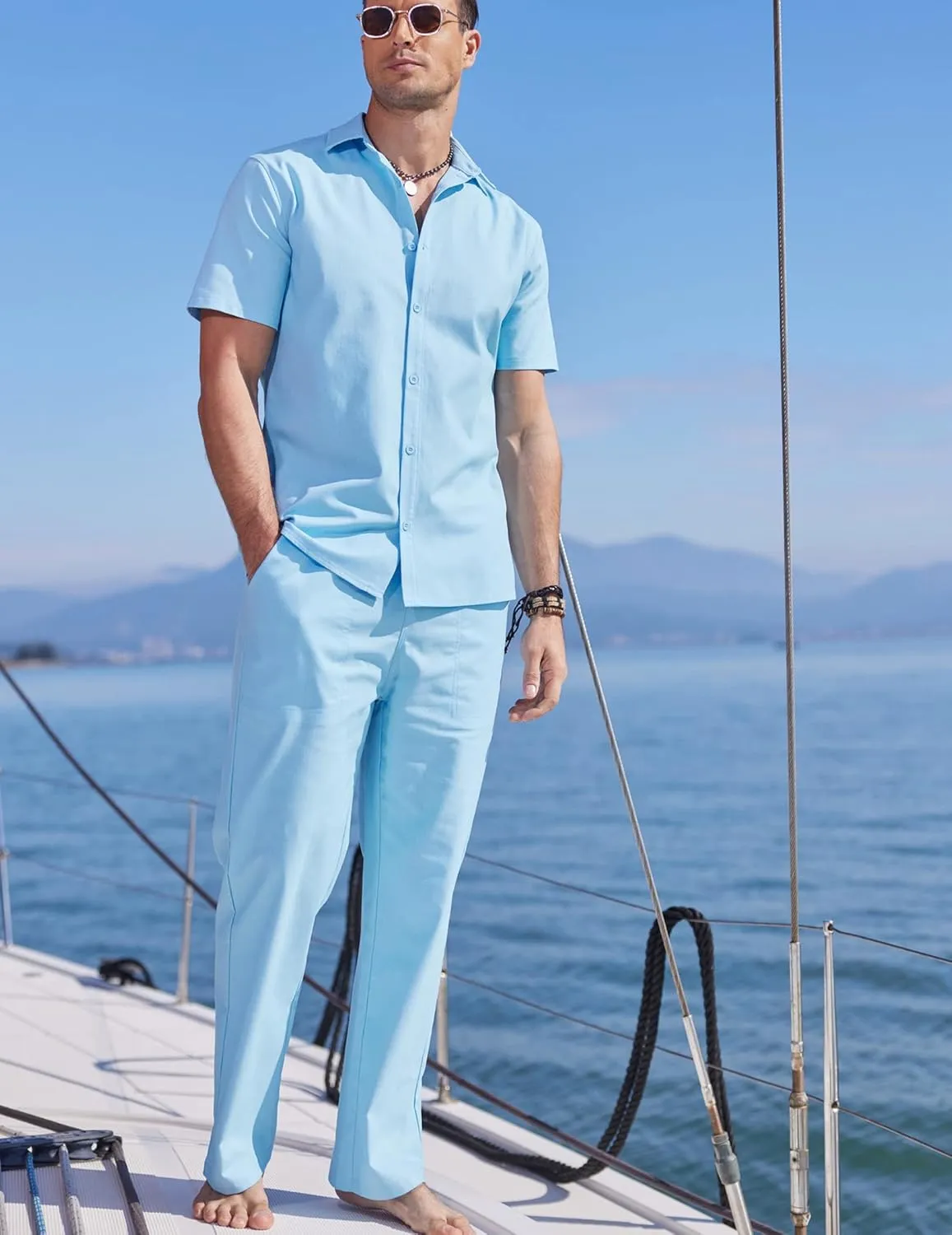 COOFANDY Men's Linen Set Beach 2 Pieces Casual Outfits Button Up Shirts Drawstring Pants