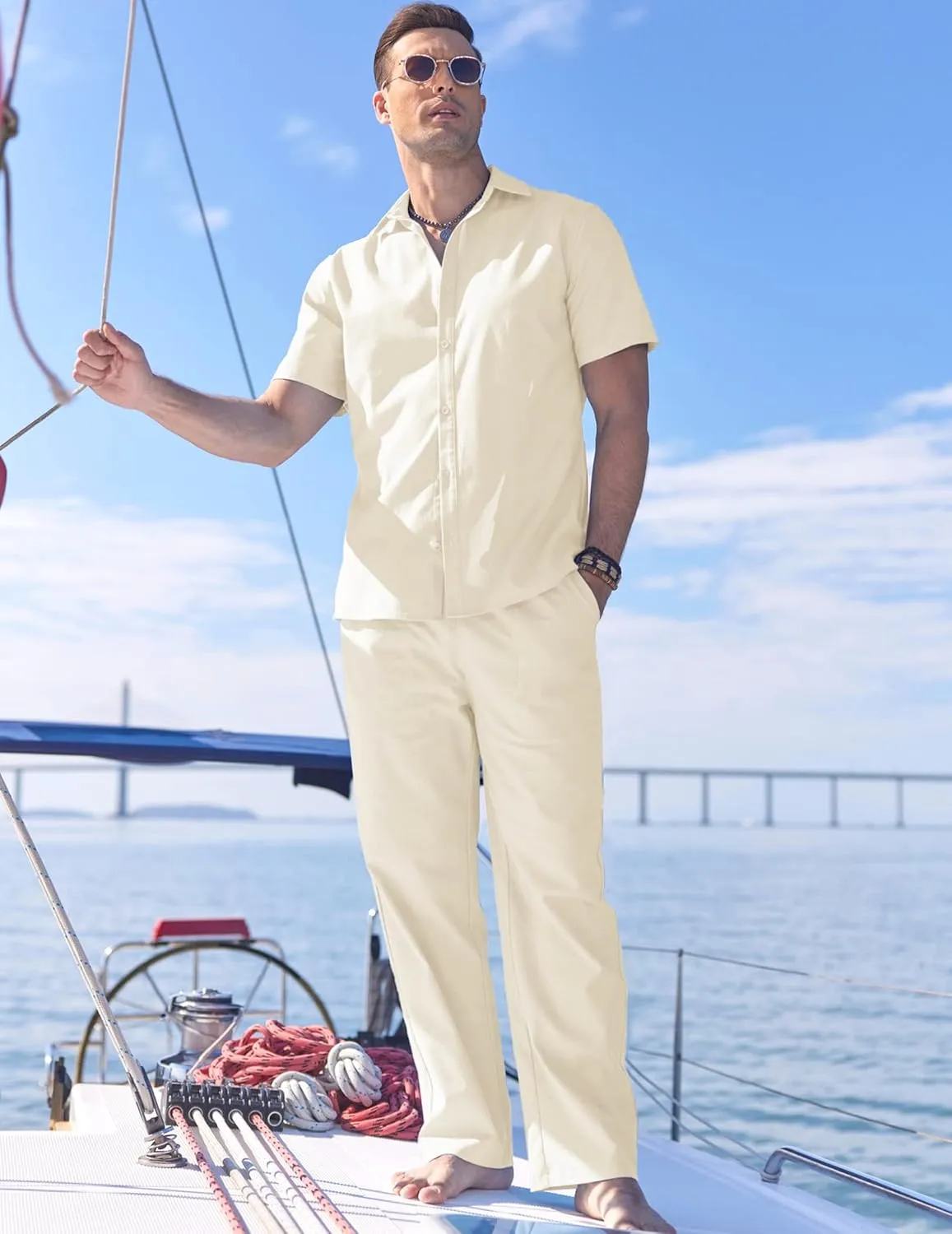 COOFANDY Men's Linen Set Beach 2 Pieces Casual Outfits Button Up Shirts Drawstring Pants