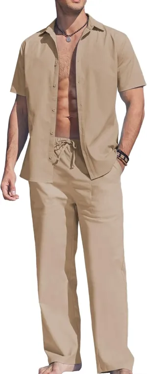 COOFANDY Men's Linen Set Beach 2 Pieces Casual Outfits Button Up Shirts Drawstring Pants