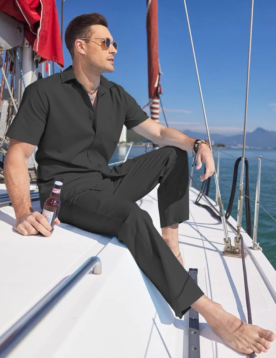 COOFANDY Men's Linen Set Beach 2 Pieces Casual Outfits Button Up Shirts Drawstring Pants