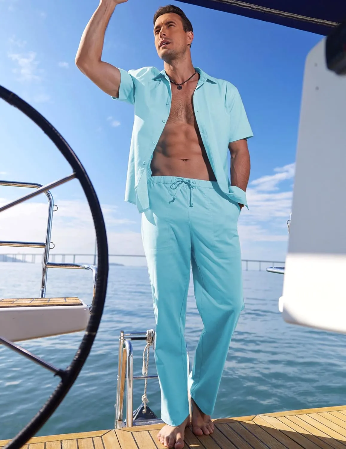 COOFANDY Men's Linen Set Beach 2 Pieces Casual Outfits Button Up Shirts Drawstring Pants
