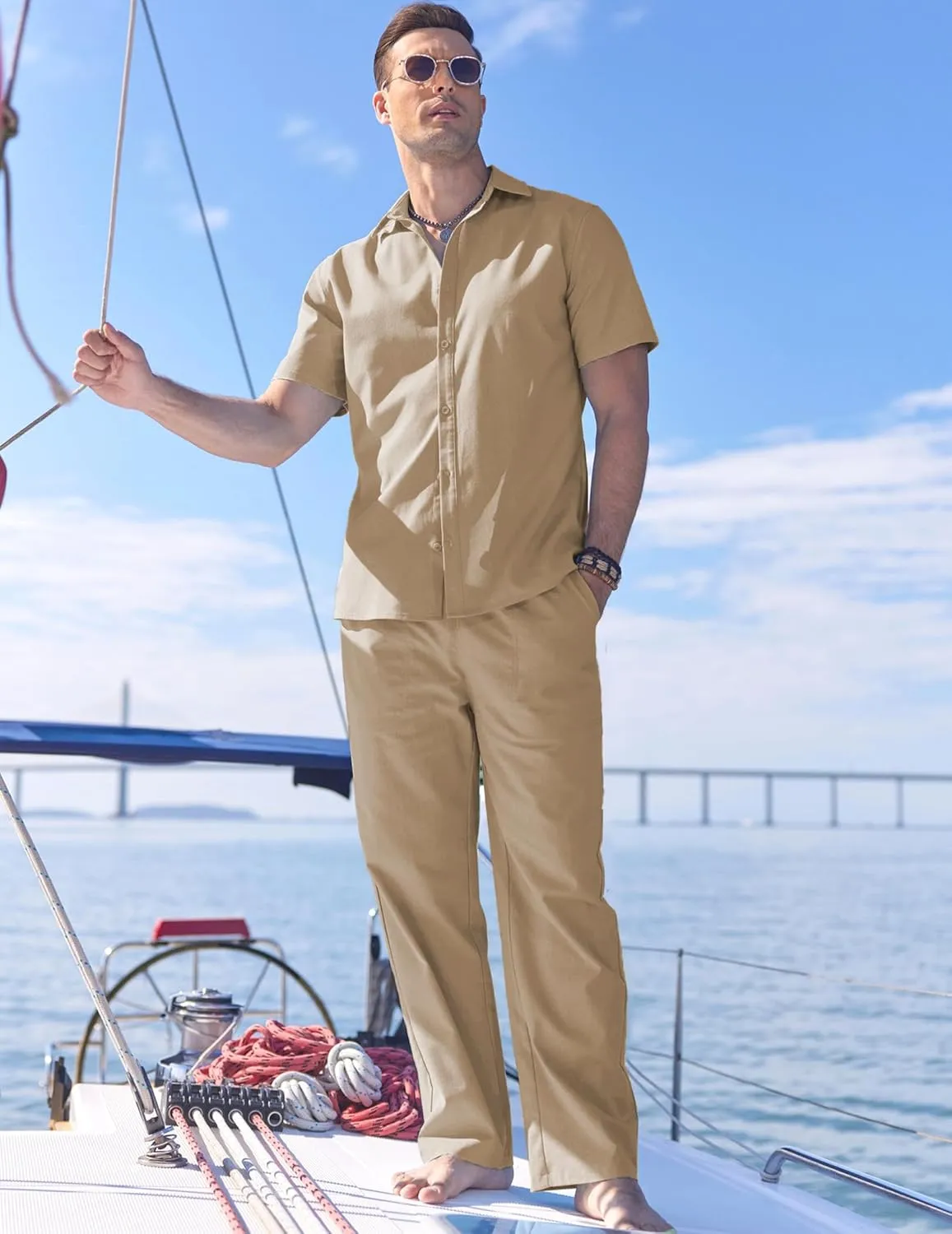 COOFANDY Men's Linen Set Beach 2 Pieces Casual Outfits Button Up Shirts Drawstring Pants