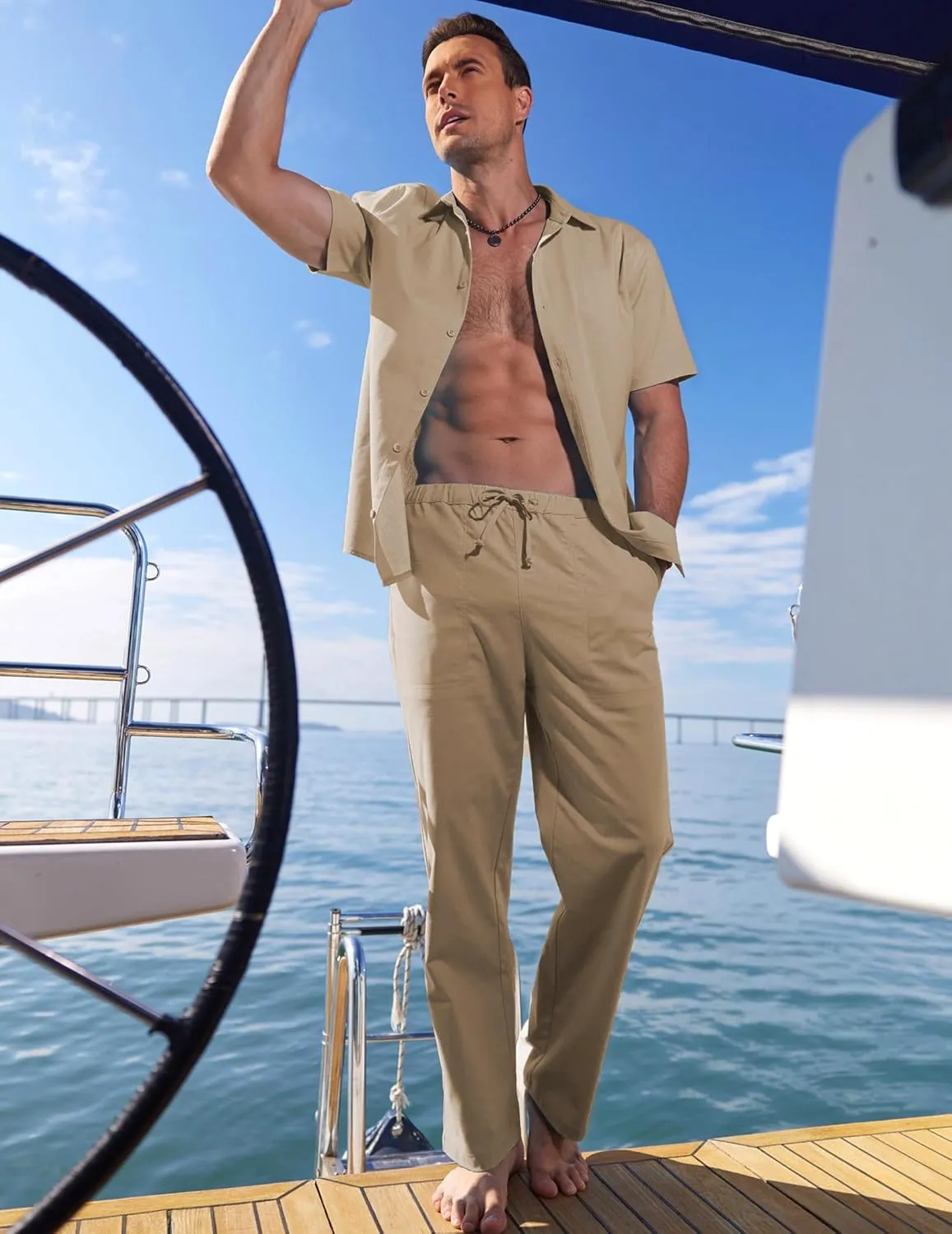 COOFANDY Men's Linen Set Beach 2 Pieces Casual Outfits Button Up Shirts Drawstring Pants