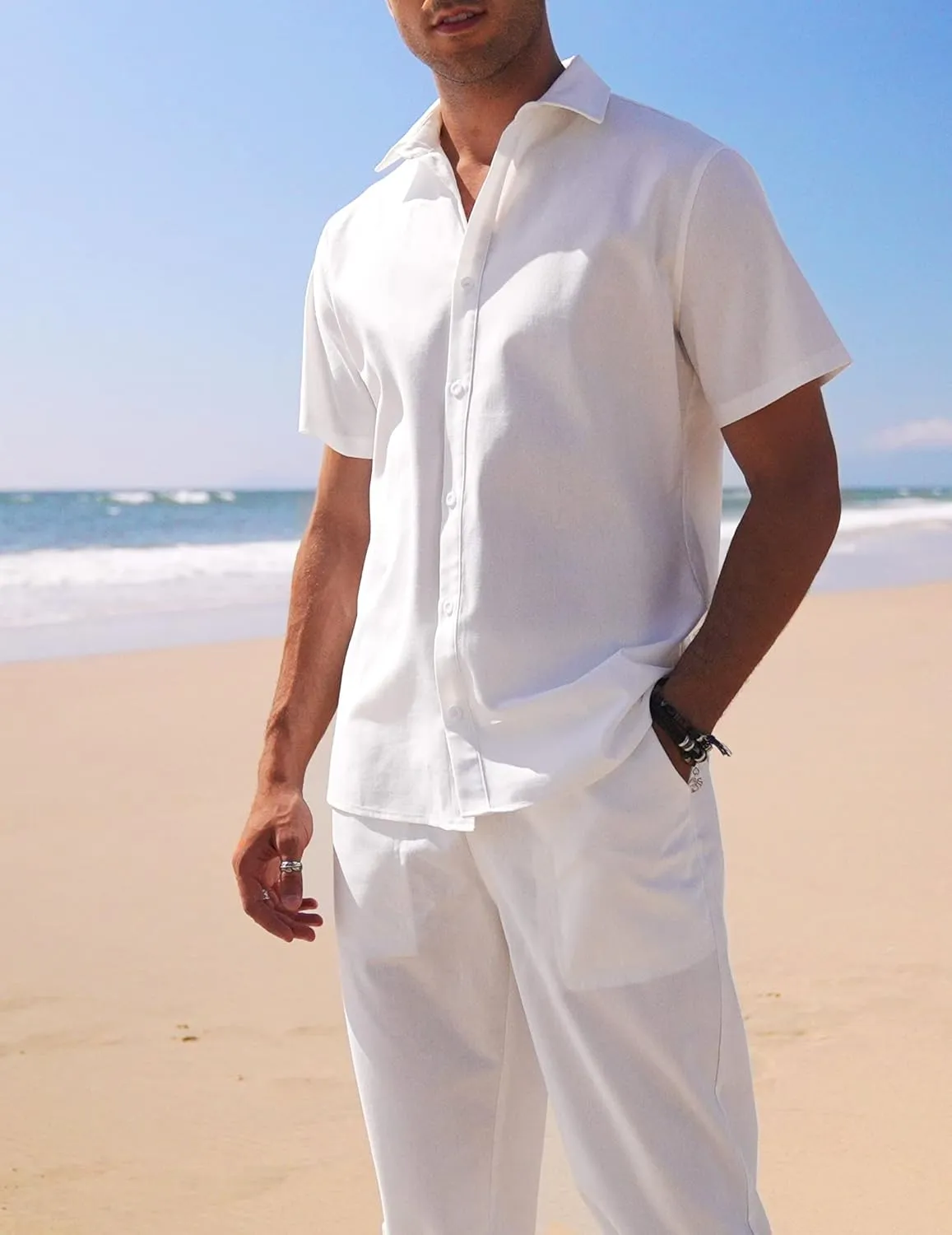 COOFANDY Men's Linen Set Beach 2 Pieces Casual Outfits Button Up Shirts Drawstring Pants